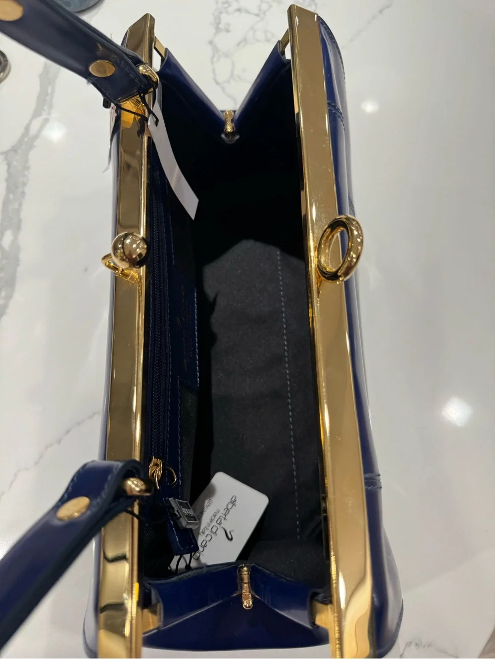 Alberta Di Canio Navy Blue Leather Satchel with Gold Hardware
